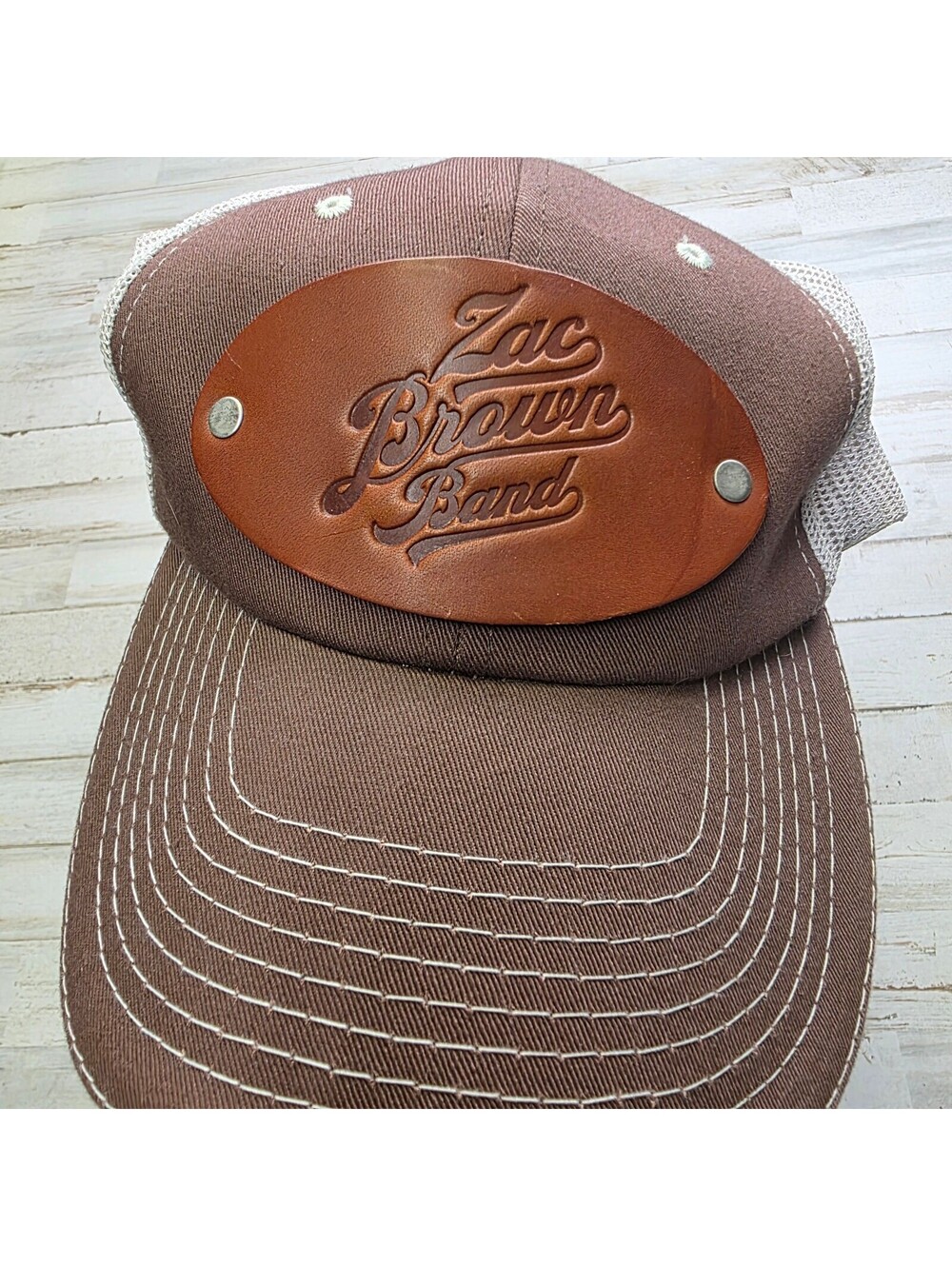 Zac Brown Band Trucker Hat Brown White Mesh Leather Logo Patch Snapback Cap